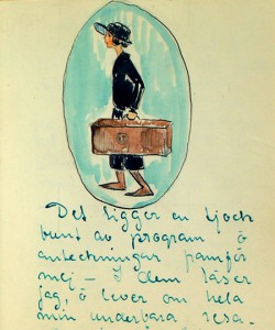 Sida ur Inga Tidblads resedagbok med tecknat självporträtt.